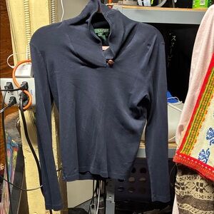 Ralph Lauren shawl collar pullover Long Sleeve Top with Button Detail